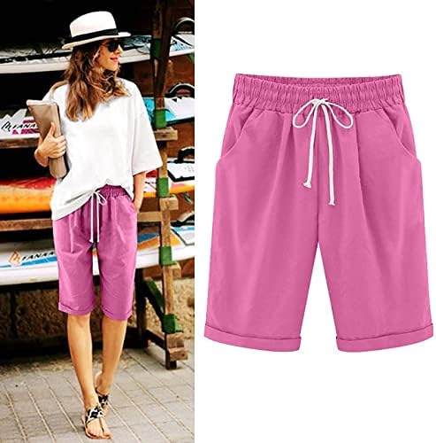 Shorts de linho de algodão de bermuda femininos lmsxct com bolsos shorts de praia de verão casual