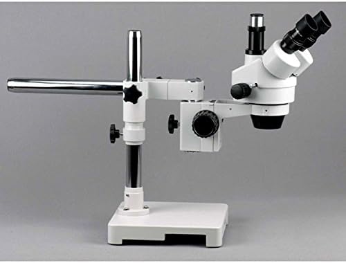 AMSCOPE SM-3TYY Microscópio de zoom de estéreo trinocular profissional, oculares WH10X e WH15X, ampliação 7x-135x, objetivo do zoom de 0,7x-4,5x, iluminação ambiente, suporte de lança de braço único, inclui 2.0x Barlow Lente
