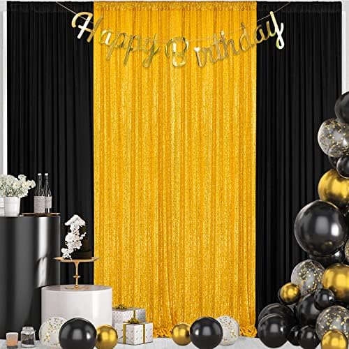 8 pés x 10 pés painéis de lantejoulas de ouro e 10 pés x 10 pés cortina de cenário preto para festas, cortinas de cenário para festas de aniversário de aniversário de formatura