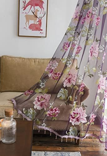Cortina de Voile Daesar 2 painéis Conjunto, cortinas de quarto poliéster de bordados roxos de bordados de bordados de bordado roxo
