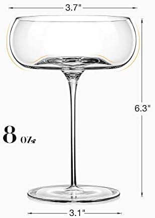 Coupe Cocktail Glass | Conjunto de 2 | 8 oz | Óculos de cristal martini e soprados à mão | Art Déco coquetéis de coquetel para Pisco Sour, Martini, Champagne | Coupe redondo de champanhe | Óculos de martini vintage