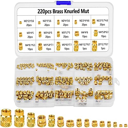 220 peças Surnadas porcas de latão, m2 m2.5 m3 m4 m5 m6 Kit de sortimento de porca de fios para projetos de impressão 3D