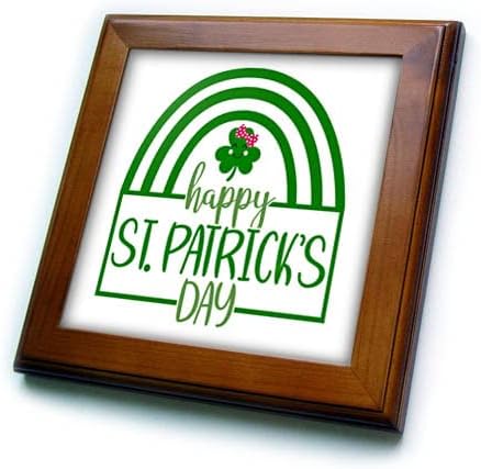 3drose Green St Patricks Day com um trevo de quatro folhas felizes - azulejos emoldurados
