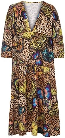 Vestido de pescoço profundo feminino Vestido casual de manga longa estampa de leopardo retrô bohemian maxi vestidos longos vestidos