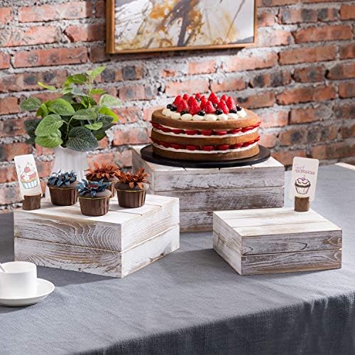 Mygift White Whited Wood Square Display Stand, Crate Style Cupcake Apertizer Sobersert Stand Stand Risers, conjunto de 3