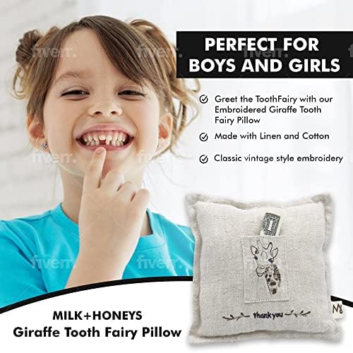 Leite+HoNEYs Fada de dente de girafa travesseiro - travesseiro de fada bordado de dente de luxo feito com linho e algodão - travesseiro de 7 polegadas com bolsa de lembrança prática