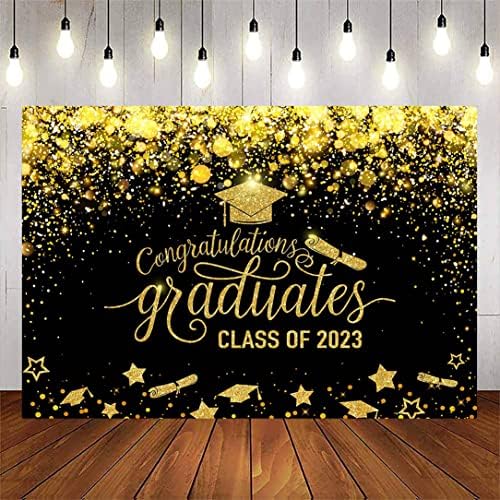 Avezano 2023 Graduação Black and Golden Glitter Parabéns Fundo de fotografia de graduação 2023 Festa de bancada de pano de fundo da formatura