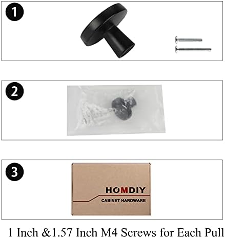 Homdiy 25pack maçaneta de armário preto fosco redondo botões pretos e 1 pacote de gabinete de alumínio do gabinete de alumínio