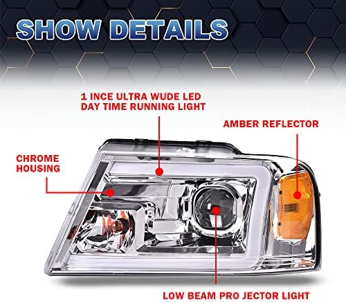 Pit66 LED DRL faróis, compatíveis com 2004-2008 Ford F150/ 06-08 Lincoln Mark Lt, Lente Clear Lens Chrome Housing Amber Reflector