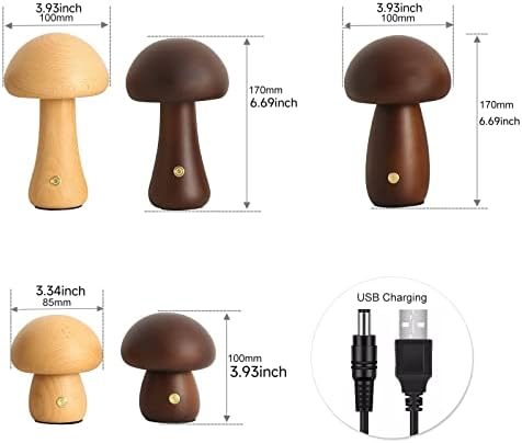 Lâmpada de cogumelo Riukiu para quarto, lâmpada de cabeceira de cabeceira portátil com carregamento USB, luz noturna de madeira sem
