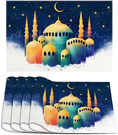 Ramadan Placemats Conjunto de 4 Eid Mubarak Eid al Fitr Kaaba Mesquita Golden Place Mats Ramandan Cozinha em casa Decoração da sala de jantar -12 × 18 ”