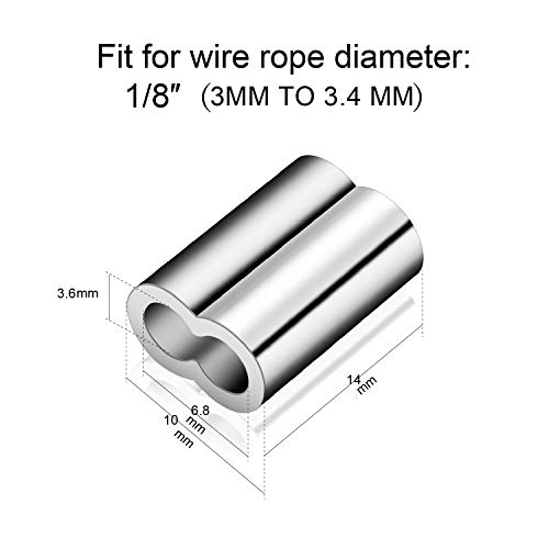 Férrica de cabo de manga de alumínio de alumínio de 1/8 de polegada, 100 PCs Aluminum Double Barrel Ferrule Sleeve Cable Connectores para corda de arame de 3 a 3,4 mm