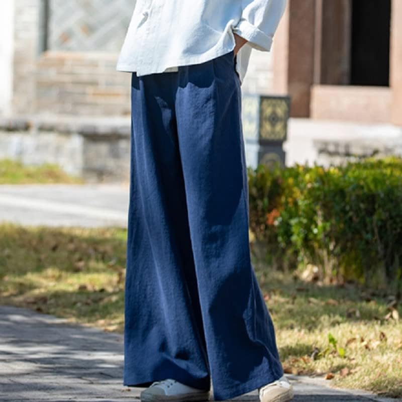 Xangai história elástica feminina de cintura largura calças de salão de pernas largas Palazzo linho de algodão casual
