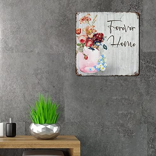 Família Palavra de metal rústico sinal de parede decoração de arte para sempre em casa aquarela rosa vaso floral inspirado a madeira