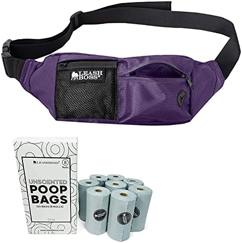 Leashboss Packup bolsa de cachorro Treination Fanny Pack com 120 sacolas, 8 rolos Sacos de cocô cinza à prova de vazamento sem