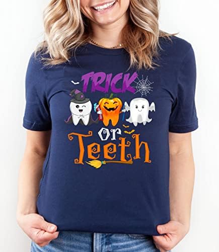 MOOBLA truque ou dentes Halloween dental, camisa dentária, camisa de assistente dentária, dentista de Halloween, higienista