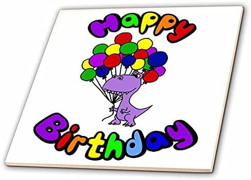 3drose engraçado dinossauro T -Rex com balões Feliz aniversário desenho animado - azulejos