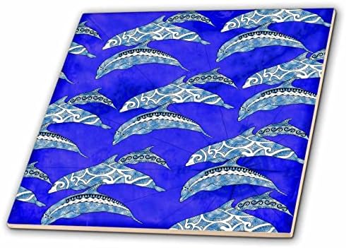 3DROSE Um padrão de golfinhos tribais sobre um mapa náutico azul. - Azulejos