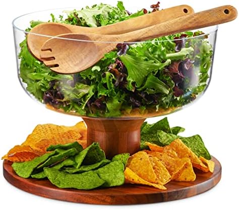 Godinger 2 In1 Salad Bowl e Bolo Stand, Salad Bowl Serving Prato e Bolo de pé com cúpula, inclui servidores de salada de madeira,