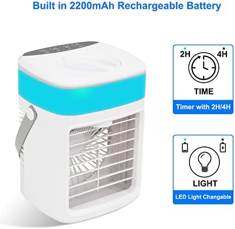 Ventilador de ar condicionado portátil do Houelyla, umidificador de ventilador de mesa de refrigeração com ventilador protetível recarregável de 3 velocidades 7 cores e fã de desktop de refrigeração rápida para casa, quarto, escritório