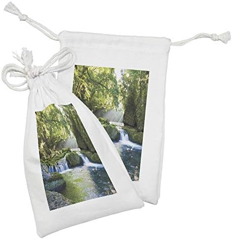 Conjunto de bolsas de tecido da floresta tropical de Ambesonne de 2, folhagem Jungle Misty Mountains Mountains Waterside