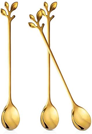 Anyi16 Long Handle Tea Coffee Spoons Conjunto, colheres de chá de folhas de ouro de aço inoxidável de 7,5 para chá gelado,