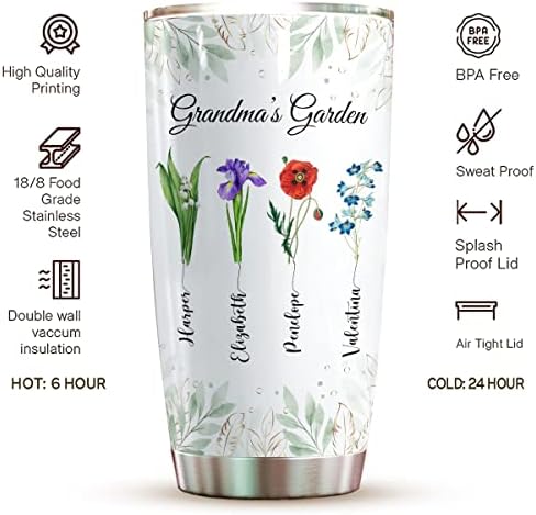 Tumbler de jardim de avó personalizado para a vovó Custom Tumbler com o nome dos netos presentes para a vovó Nana Gigi