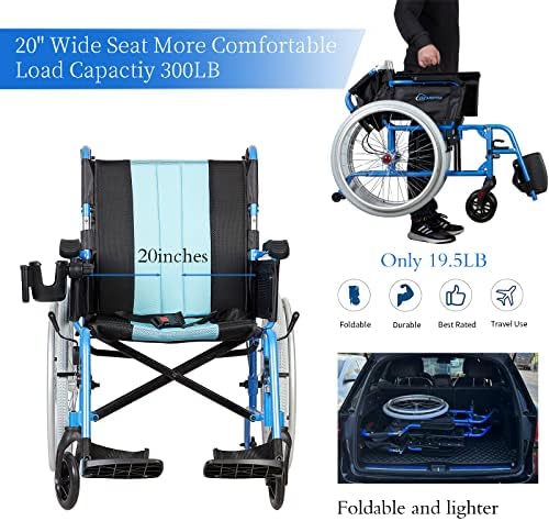 Encare para 19.5 libras Ultra Lightweight Wheelchair com encosto ergonômico, cadeira de rodas de sede de 20 de 20 para adultos, cadeira de rodas portátil portátil dobrável com saco de rodas com saco de viagem 2 em 1 azul azul