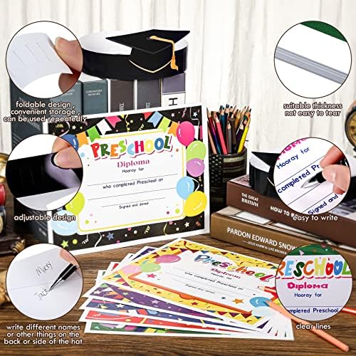 48 peças Capéu de papel de formatura preto para crianças Diploma pré -escolar Certificado de papel pré -escolar Coroas de graduação