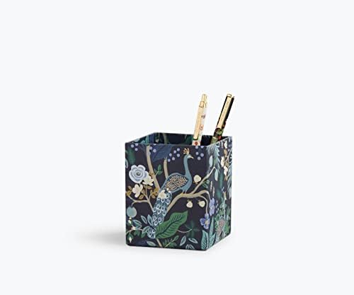 Rifle Paper co. Copo de lápis de pavão - apresenta impressões de pavões coloridas e detalhes em folha de ouro metálico, divisores removíveis