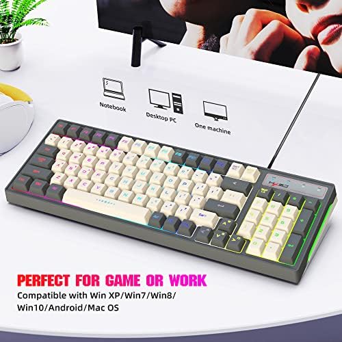 Teclado de jogos Manbasnake, Lit de LED RGB, teclas multimídia, sentimento mecânico, teclas de 96 compactas à prova d'água, teclado silencioso da membrana USB para comprimidos, computador, PC