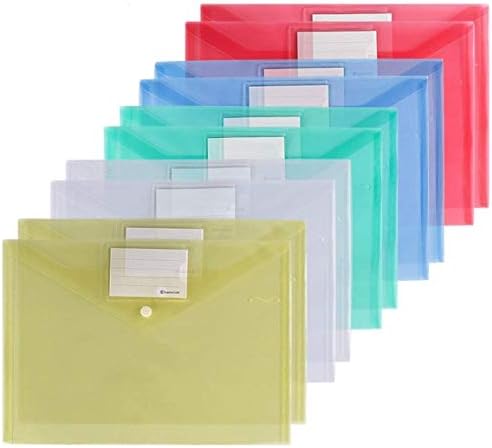 Envelopes de plástico xzypci envelopes poli, 40 pacote pastas de documentos nítidos nos envelopes de arquivo de tamanho A4 com botão de bolso e snap para a organização de escritório de trabalho em casa, 5 cores variadas