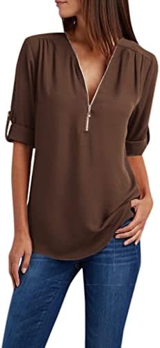 Blusa de camisa de chiffon feminina meio zip v colina de túnica de pescoço de tamanho de tamanho longo de manga de