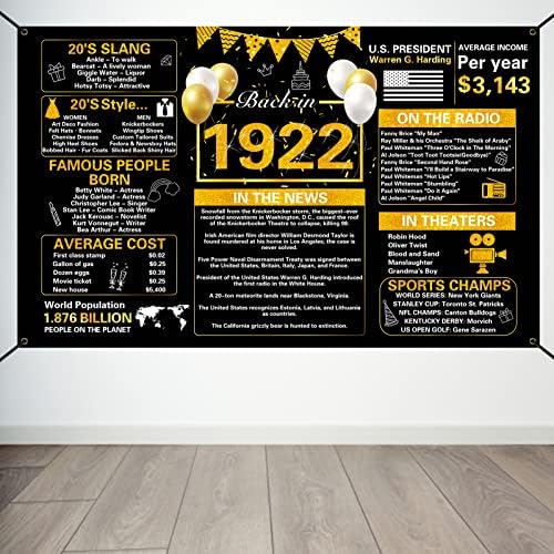 Crenics Black Gold 101st Birthday Decorações, Vintage em 1922 Banner de pano de fundo de 1922, Large de 101 anos de aniversário de aniversário de 101 anos de idade, material de fundo, suprimentos para homens, 5,9 x 3,6 pés