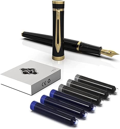 Wordsworth & Black Fountain Pen Conjunto, 18K Gilded Medium e Extra Fine Penbs, 6 cartuchos de tinta e conversor de recarga, estojo de presente, canetas de escrita suave [ouro preto], perfeito para homens e mulheres