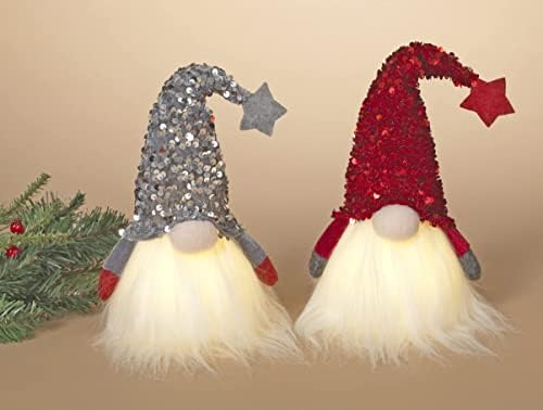 Conjunto de 2 estatuetas de férias gnome - iluminar os gnomos de Natal em tampas de lantejoulas, vermelho e cinza, 11 polegadas