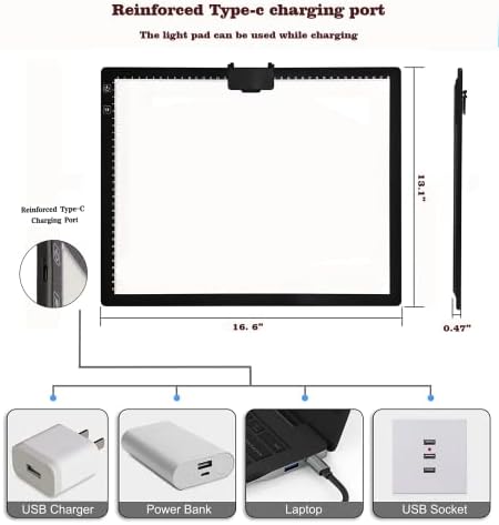 Yingwond Wireless Recarregável A3 LED PAC TOLA COM PROBALHADE INCLUÍDO, 3 TOMPO DE COLOR, 6 Níveis de brilho, caixa de luz uniformemente iluminada pela bateria para desenho de traçado e pintura de diamante