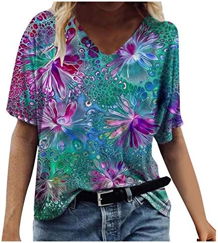 Mulheres Tops de verão Casual Casual Casual 2023 V Camiseta curta de manga curta Floral Fit