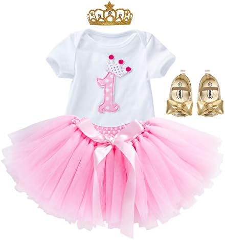 Hihcbf princesa 1º bolo de aniversário esmagado 4pcs roupas de bebê macacão, saia de arco -íris, bandeira da coroa,