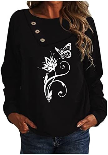 Jjhaevdy feminina Casual Butterfly Impressão de mangas compridas Tops Button Button Fleece Pullover Blusa leve Blusa Sweathirts