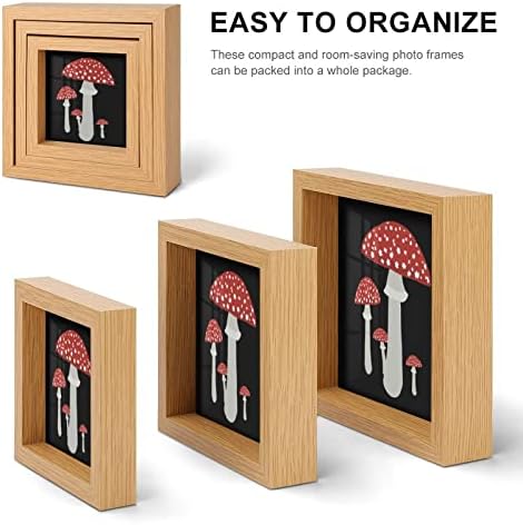Cogumelos Red Arte de madeira Frame de 3 quadros de fotos com vidro para display de desktop de vidro para casa Decoração