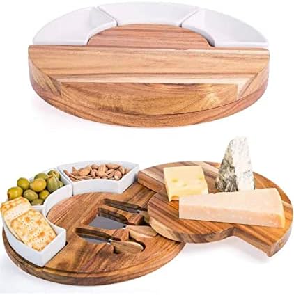 Placa de queijo de madeira premium com faca e ramekins