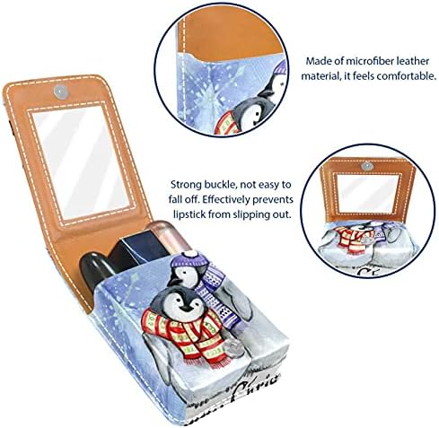 Mini estojo de batom com espelho para bolsa, Feliz Natal Penguin Organização de caixa portátil do pinguim portátil