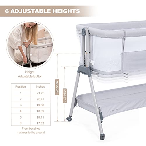 Angelbliss Baby Bassinet à beira da cabeceira, bassinete portátil dobrável e fácil para bebê com rodas, altura ajustável, colchão incluído