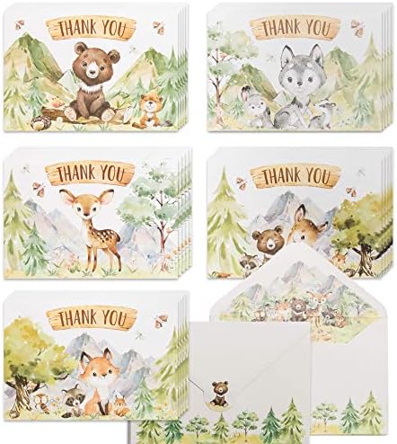 50 Cartões de agradecimento da floresta, florestas em massa e animais de montanha anotações de agradecimento com envelopes e adesivos forrados, 4 x 6 pol.