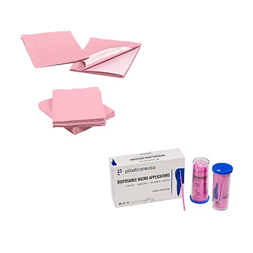 PlastCare USA Rosa Dental Dental Bibs e 400 Pacote de escova de micro aplicador de micro aplicativo