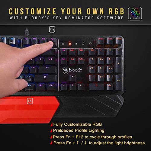 B975 Teclado de jogos de chave óptica por jogos sangrentos | Interruptores de teclado mais rápidos nos jogos | Tamanho completo | RGB LED Teclado de retroiluminação LED | Feedback da chave linear e linear | Design de repouso de pulso destacável