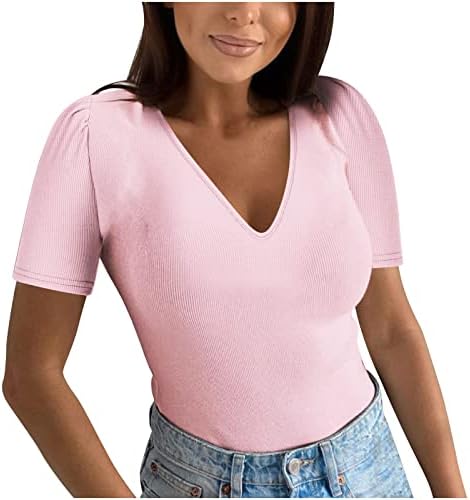 Sexy V Neck Puff Sleeve Tops para mulheres Trendy Slim Fit T-shirt Summer Summer Solid Sollny Blouse Shirts Skinny Blouse