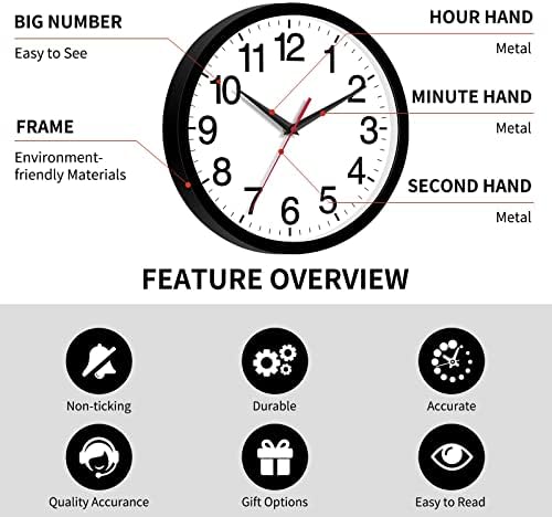 Relógio de parede de Rohioue, relógio de parede moderno de 10 polegadas, operação de bateria, silencioso não marcando