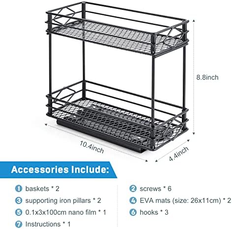 Aceyoon deslizando o rack de especiarias 2 níveis de especiarias rack de especiarias preto para armários, armários, balcões,